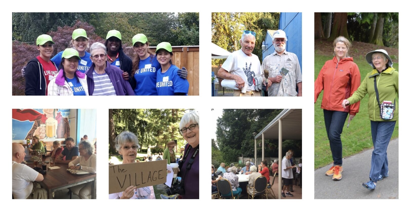 collage of 6 PNA Village photos showing happy, active older adults