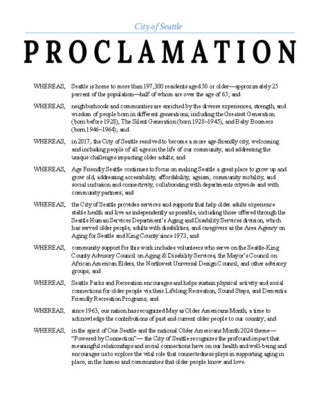 image of page 1 of the 2024 Older Americans Month proclamation signed by Mayor Bruce Harrell and all members of the Seattle City Council