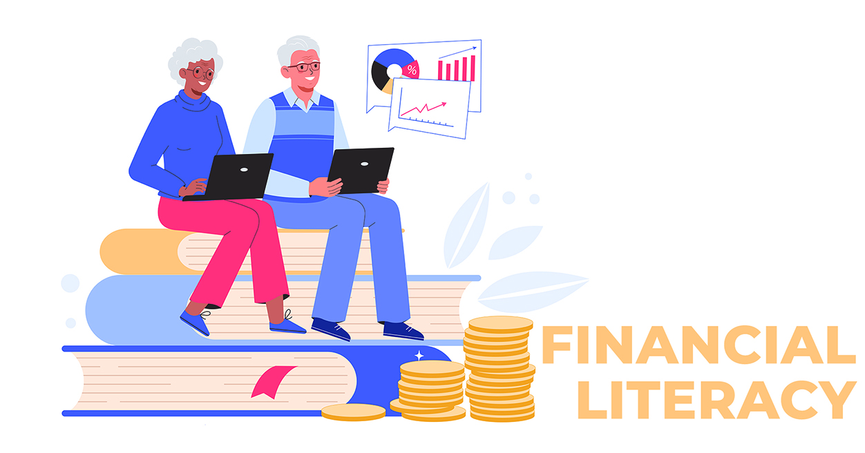 financial literacy illustration with two older people holding laptop computers, sitting on books, surrounded by coins