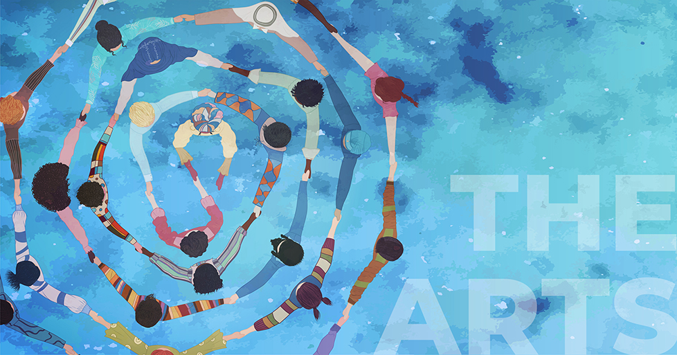 the arts - an illustration with mottled blue background and aerial view of many people of different cultures, holding hands in a spiral or circle