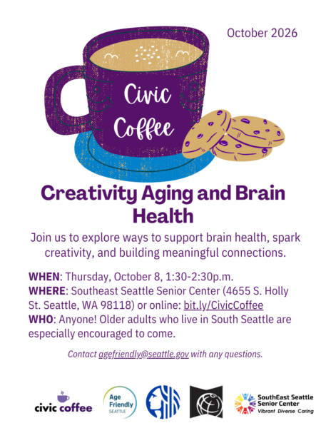 Creativity Aging and Brain Health Civic Coffee flyer with a teacup and cookie on the top.